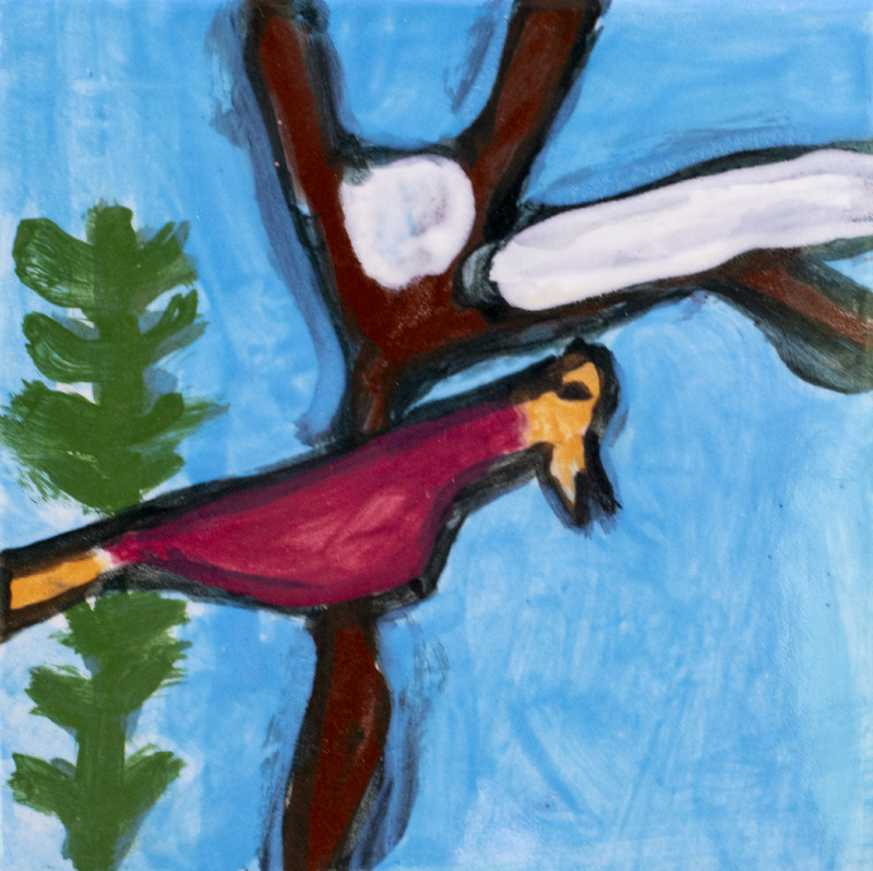 Painting of a red bird perched on a tree branch with green leaves and a blue sky in the background.