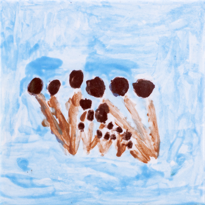 Painting of several brown dried plants against blue background.