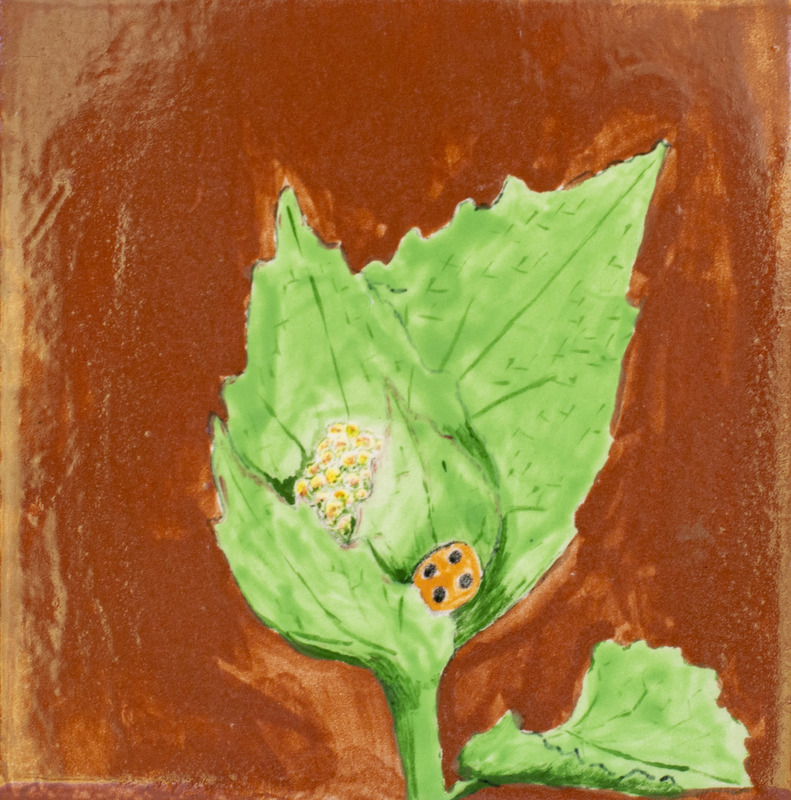 Painting of a budding white flower growing in between green leaves with a ladybug on it.