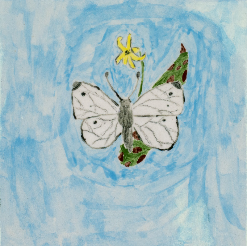 Painting of a white moth on a yellow trout lily flower with a red and green spotted leaf in front of a blue background.