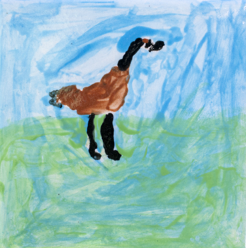 Painting of Canada Goose standing in grass with blue sky.