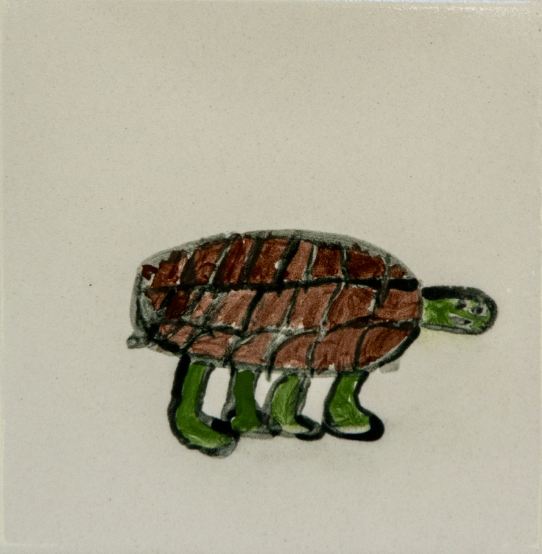 Painting of green turtle with brown shell standing against white background.