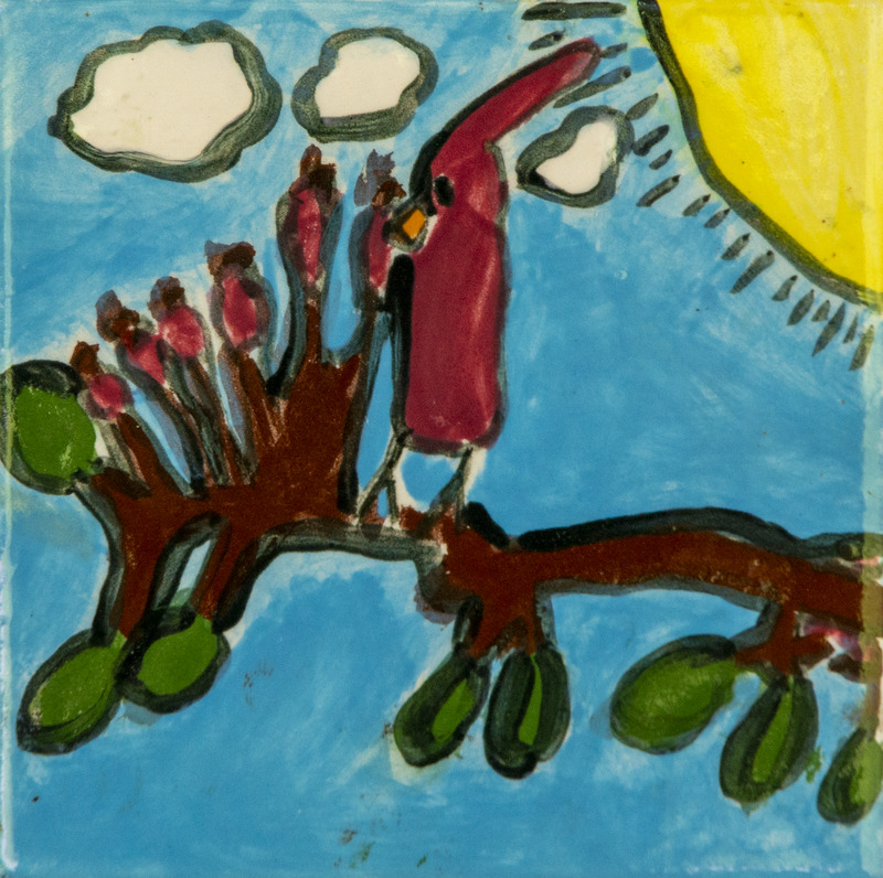 Painting of a red bird perched on a brown branch with green leaves, under a blue sky with clouds and a bright yellow sun.