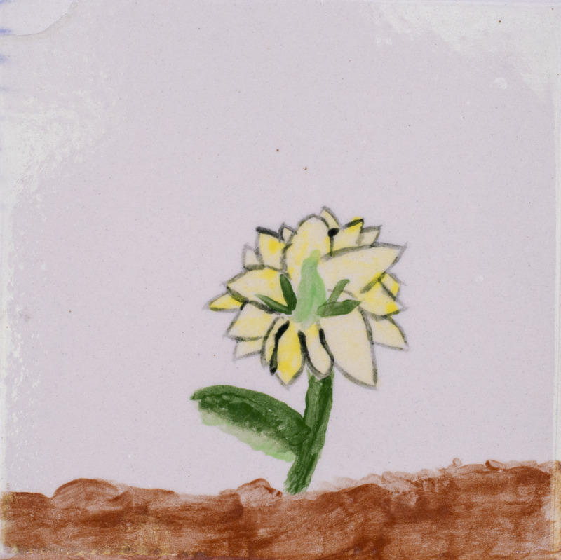Painting of a yellow flower in the brown dirt with a white background.