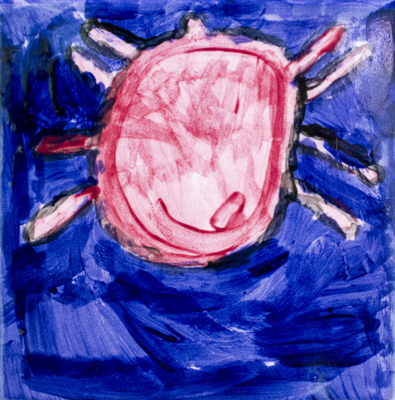 Painting of a red water mite with a round body and multiple legs, set against a dark blue watery background.