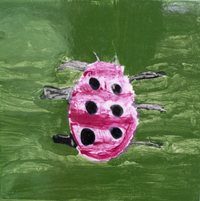 Painting of a ladybug with a green background.
