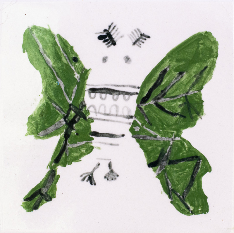 Painting of green-winged moth with white body against white background.