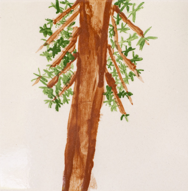 Painting of a brown coniferous tree with green needles on the branches over a light background.