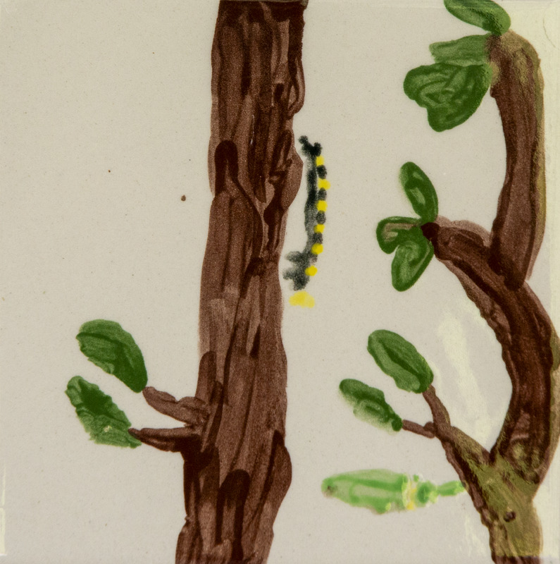 Painting of a black-and-yellow caterpillar clinging to a brown tree trunk with green leaves.