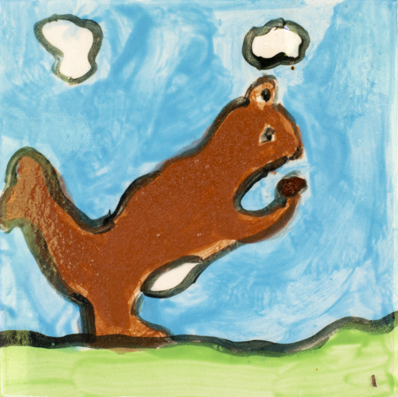 Painting of a brown squirrel eating an acorn and sitting in the grass.