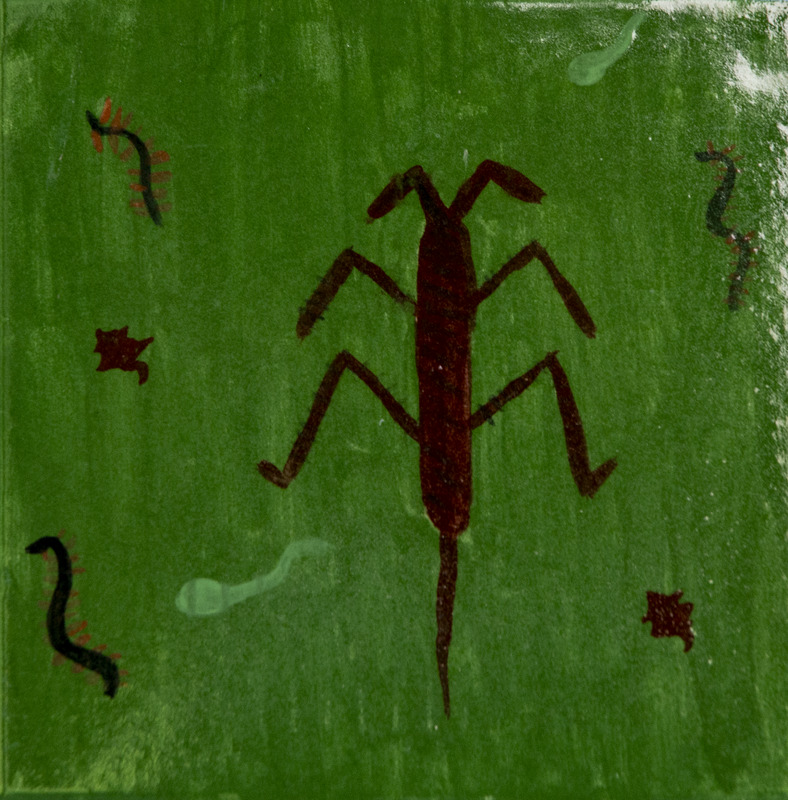Painting of brown and black insects with long legs and bodies on a green background.