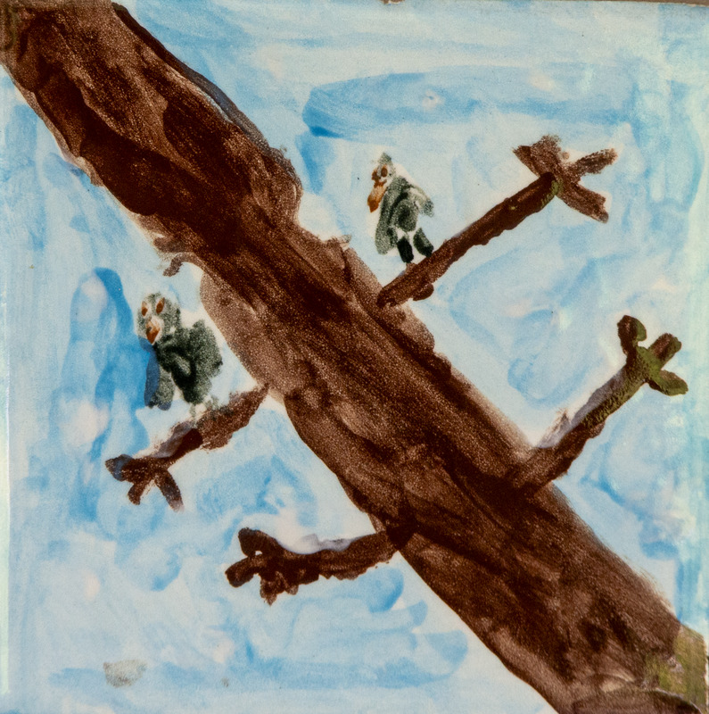 Painting of a brown tree with bare branches, showing two crows perched, set against a light blue sky.