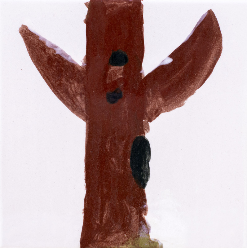 Painting of a brown tree trunk with two branches and dark spots, suggesting knots or marks on the bark.