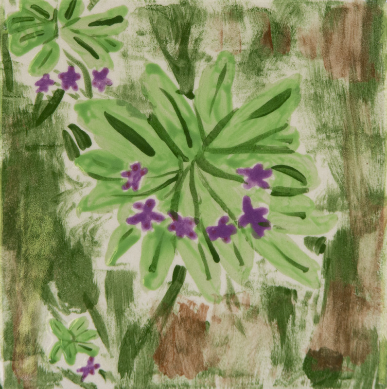 Painting of green leafy plants with small purple flowers.
