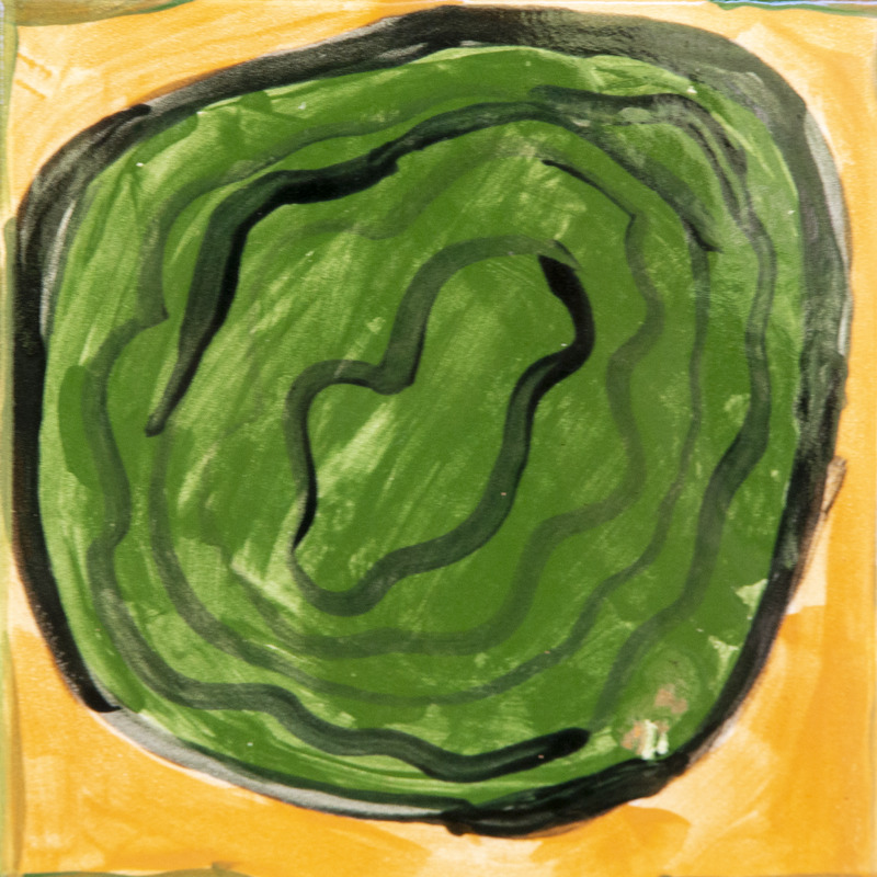 Painting of green lily pad with dark wavy lines, floating on yellow-tinted water.