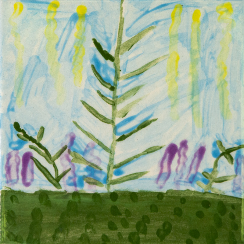 Painting of green plants with tall stems and leaves, growing from grassy ground under a blue sky.