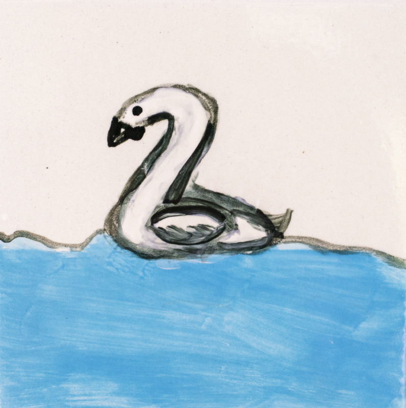 Painting of a swan floating on top of the blue water.