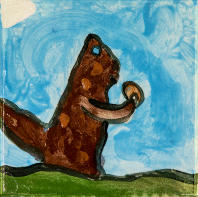 Painting of a brown, spotted squirrel standing on green grass, holding a nut, with a blue sky background.