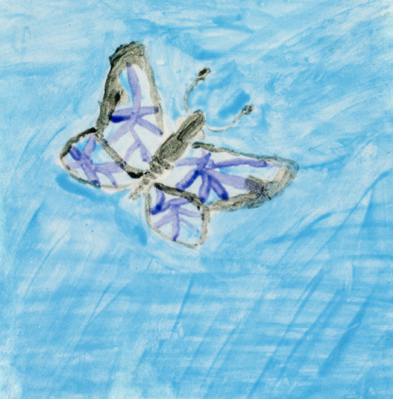 Painting of a black and blue moth flying in a blue sky.