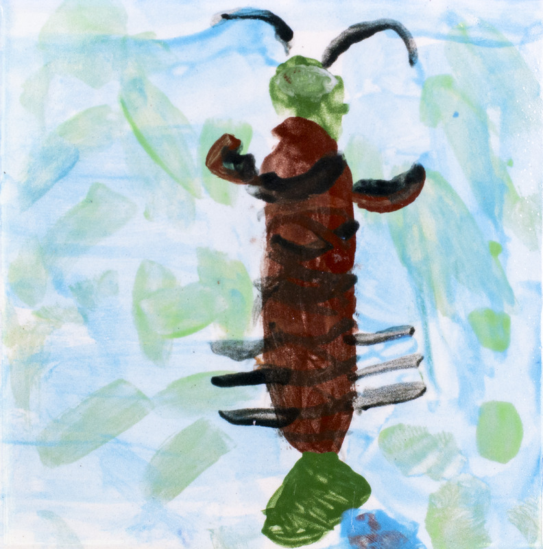 Painting of skinny brown-bodied insect with green head and tail against blue and green background.