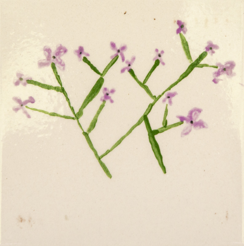 Painting of small purple flowers with green stems and leaves on a light background.