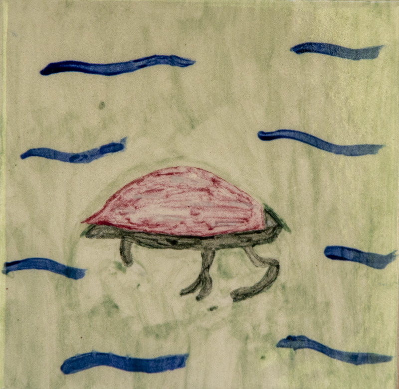 Painting of a red water beetle with small legs floating in water.