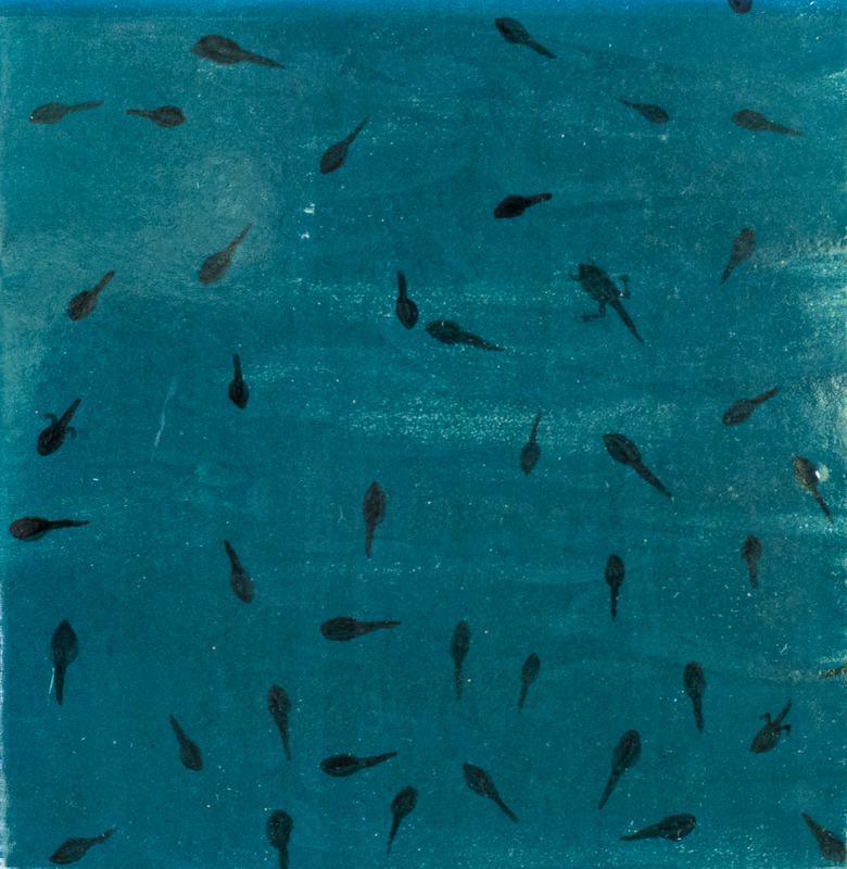 Painting of many black tadpoles against dark blue background.
