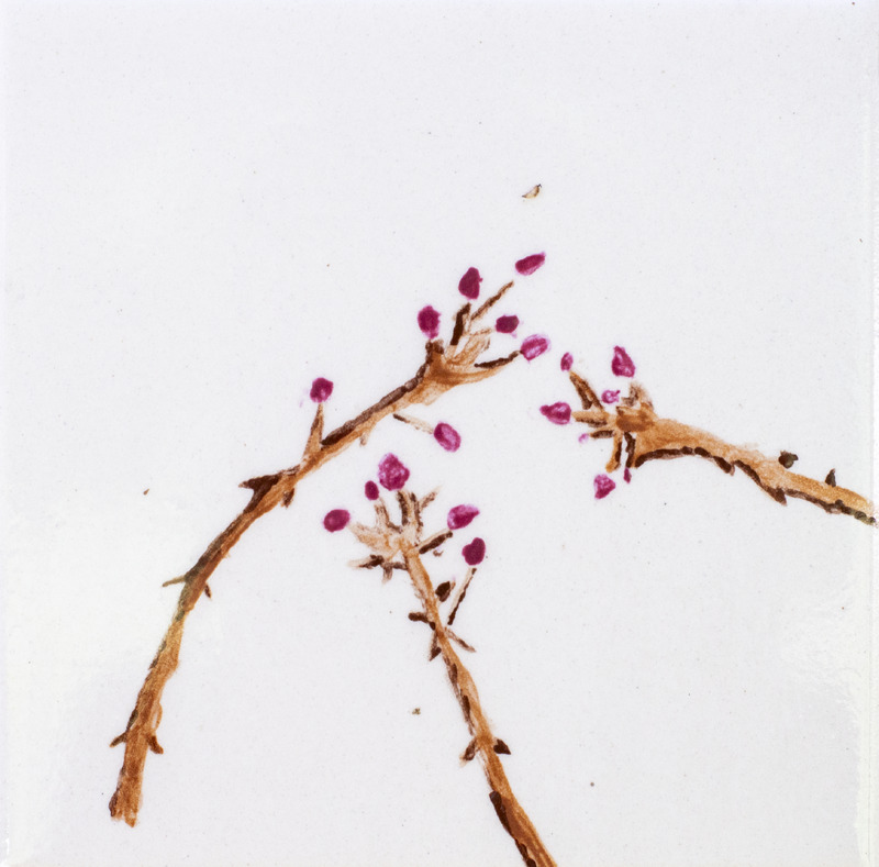 Painting of three brown branches with red berries.