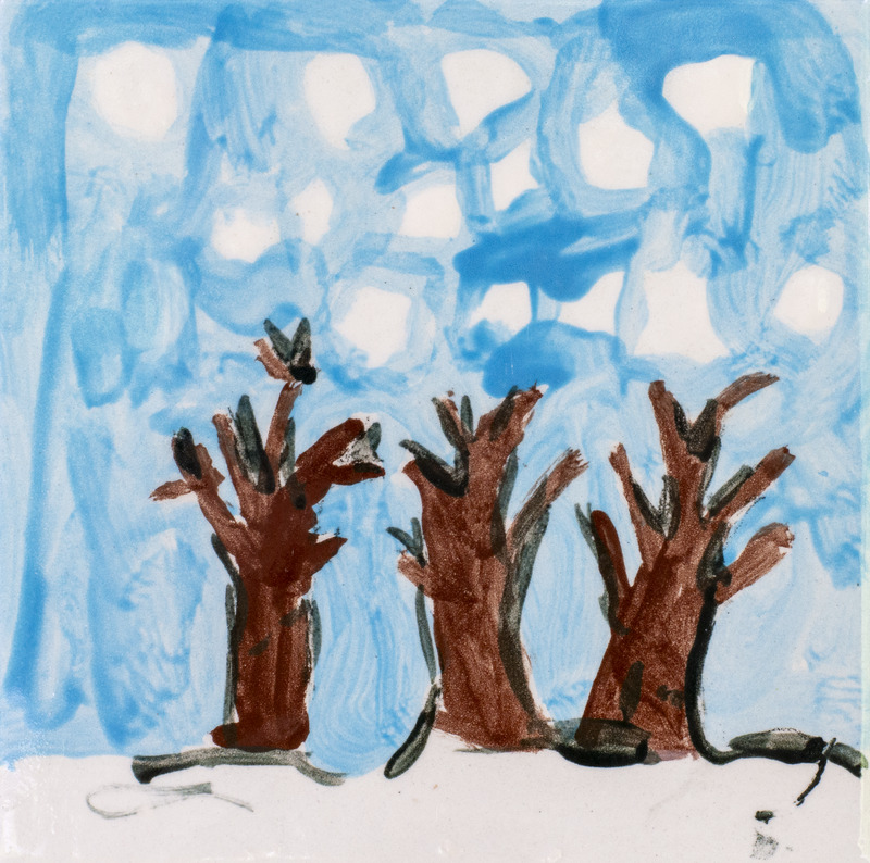 Painting of three brown trees in the snow with a blue background.