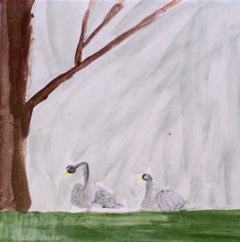 Painting of two Canada geese with yellow beaks standing on green grass near a tree under a gray sky.