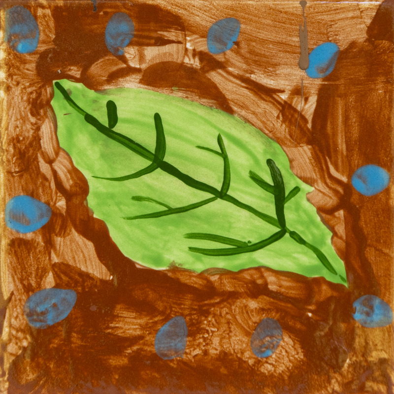 Painting of a green leaf with dark veins on a brown background.