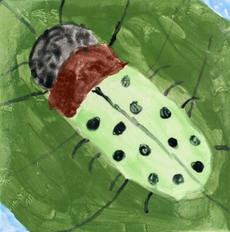 Painting of a green and brown caterpillar with black spots on a green leaf.