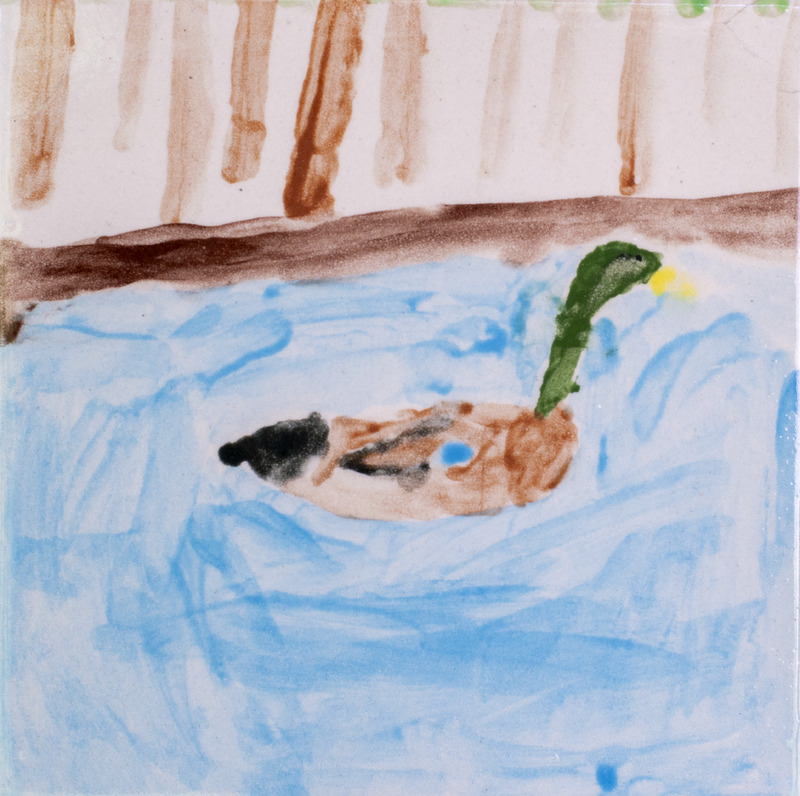 Painting of a male mallard duck with a green head swimming in blue water with brown stick surrounding it.
