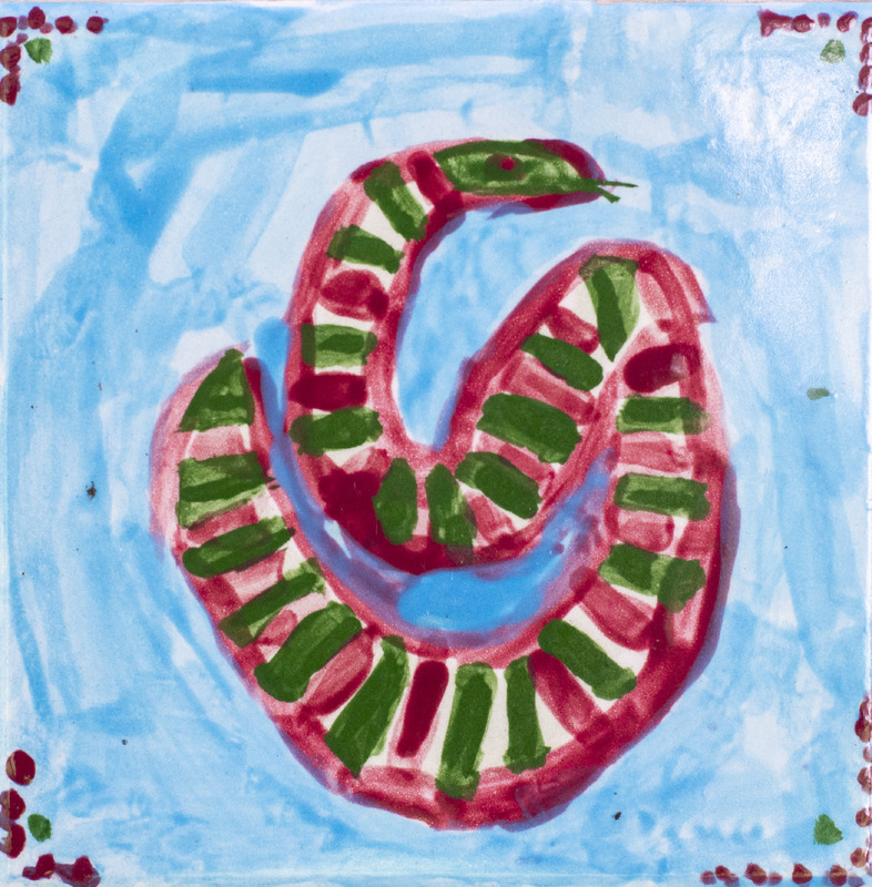 Painting of red and green-striped snake against blue background.