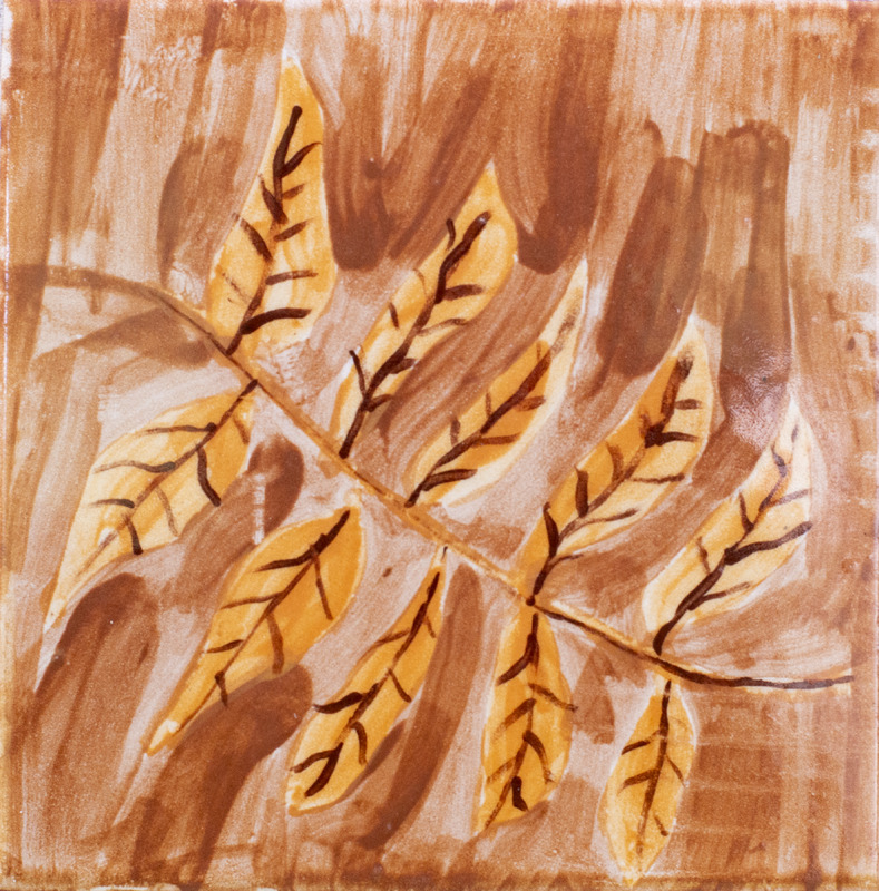 Painting of brown compound leaf against brown background.