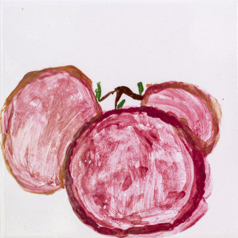 Painting of three red cherries with stems attached, shown close together on a plain background.