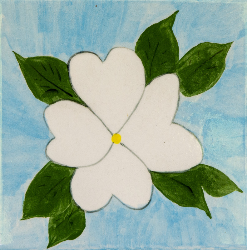 Painting of a white four-petaled flower with a yellow center and green leaves, set against a soft blue background.