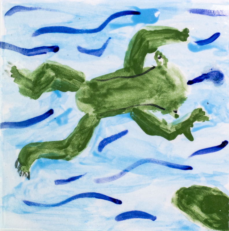Painting of green jumping frog against blue water background.