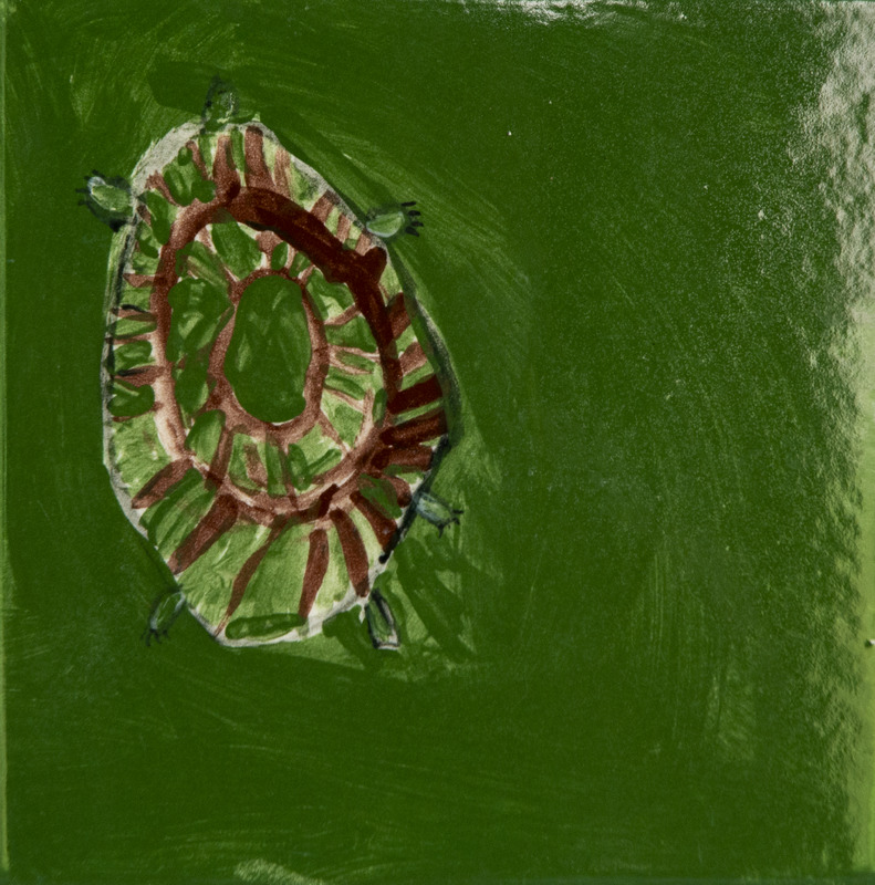 Painting of a green turtle with a patterned shell and small legs, set against a green background.