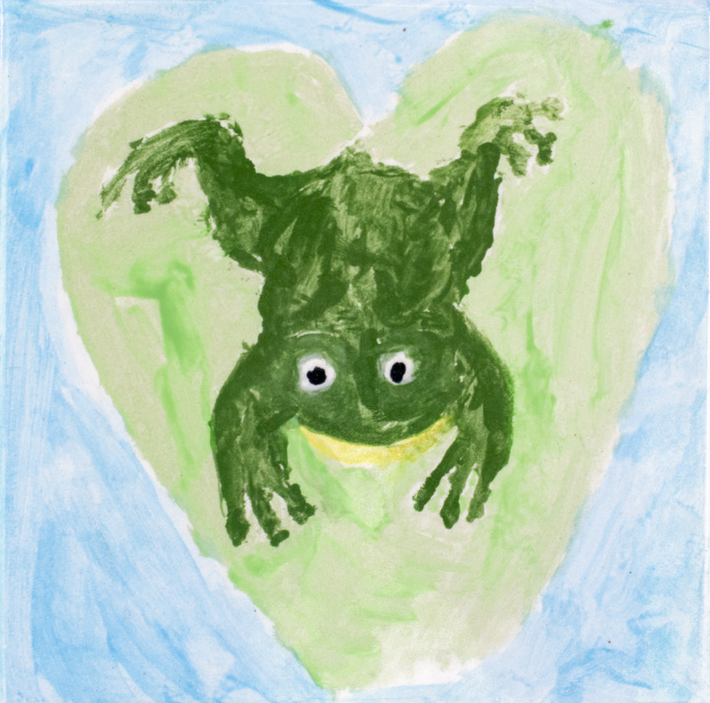Painting of a green frog on a heart shaped lilypad in blue water.