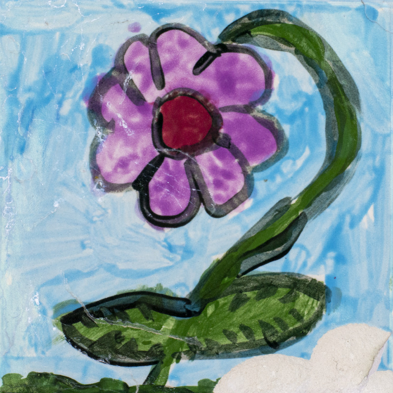 Painting of a purple flower with a long green stem in front of a cloudy, blue sky.