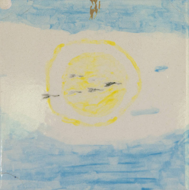 Painting of a bright yellow sun in a blue sky with a small flock of dark geese flying nearby