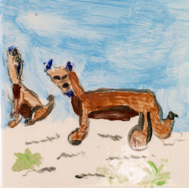 Painting of two orange coyotes on the tan ground with a blue sky.