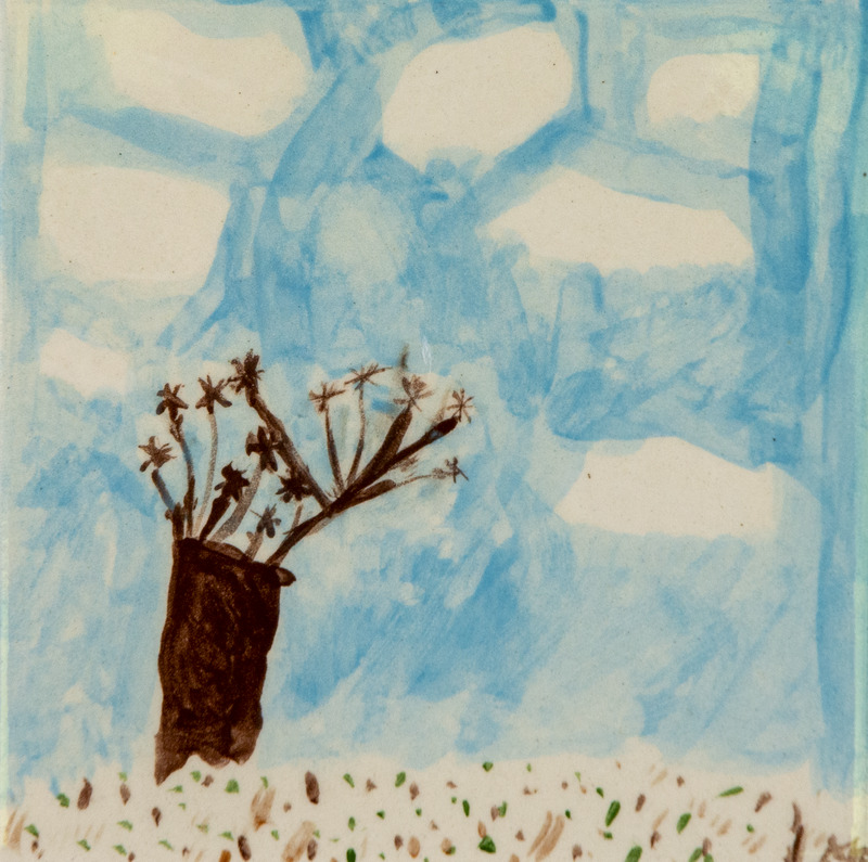 Painting of a brown tree with bare branches against a blue sky with white clouds and grassy ground below.