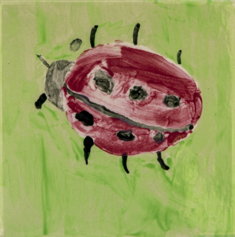 Painting of a red ladybug with black spots and short black legs on a light green background.