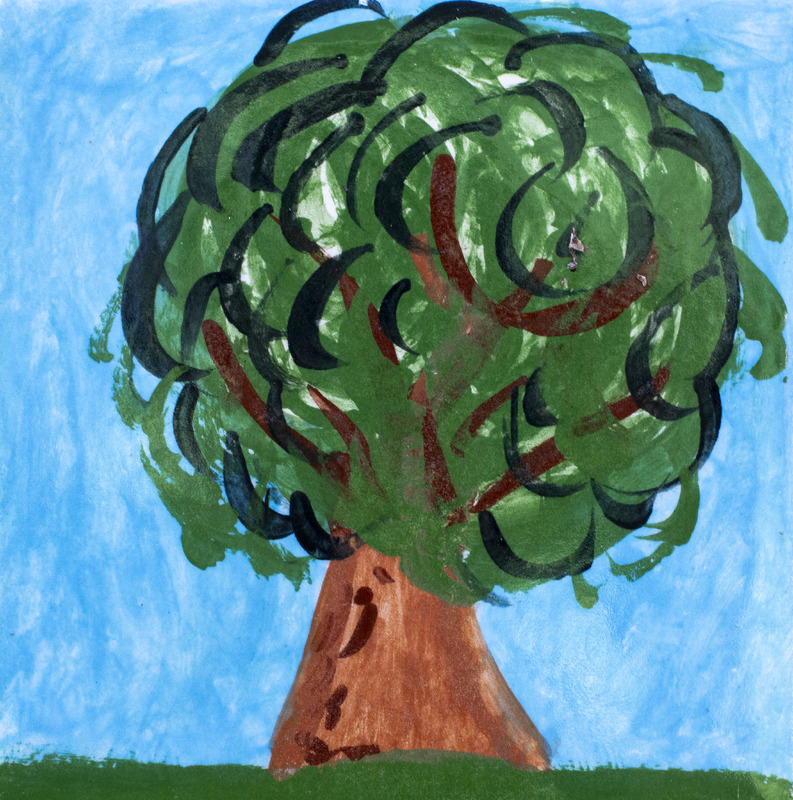 Painting of large tree with blue sky.
