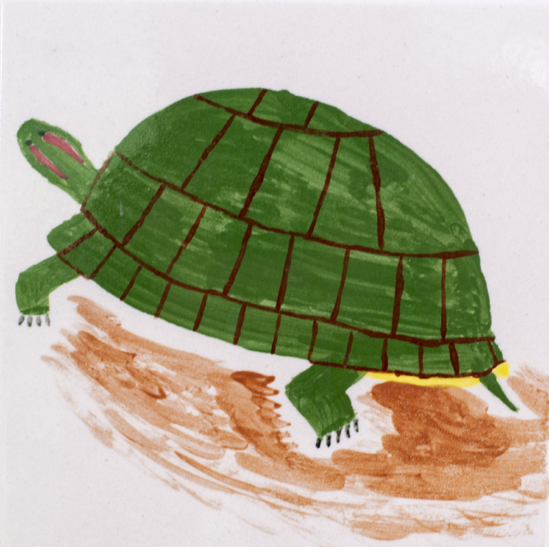 Painting of a green turtle laying on the ground.